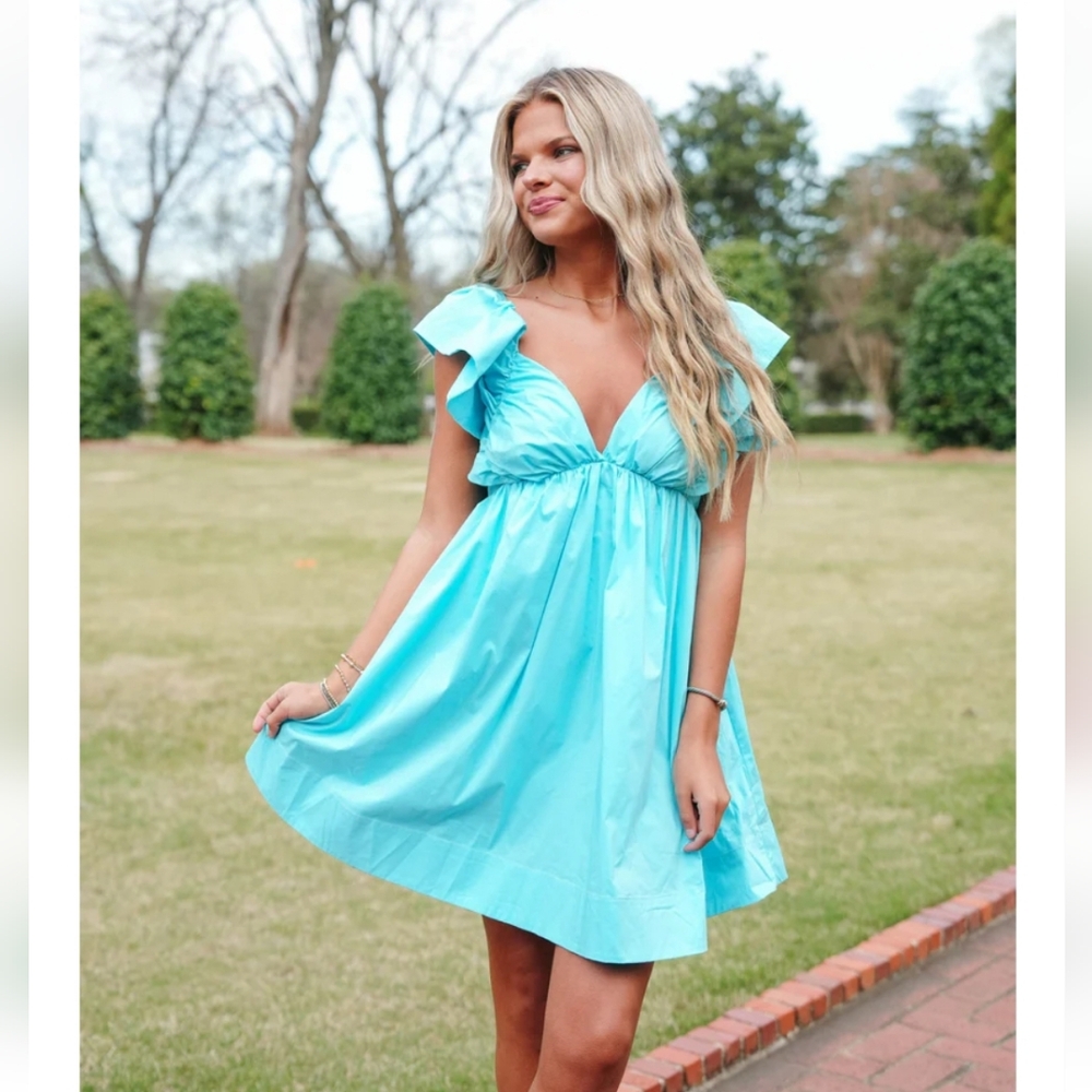 Day + Moon Bella Dress Light Turquoise Ruffle Sleeve W/ Tie Back Size Large